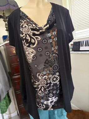 Judith Black Mixed Print Cowl Neck Tunic Top Short Sleeve (L-XL)